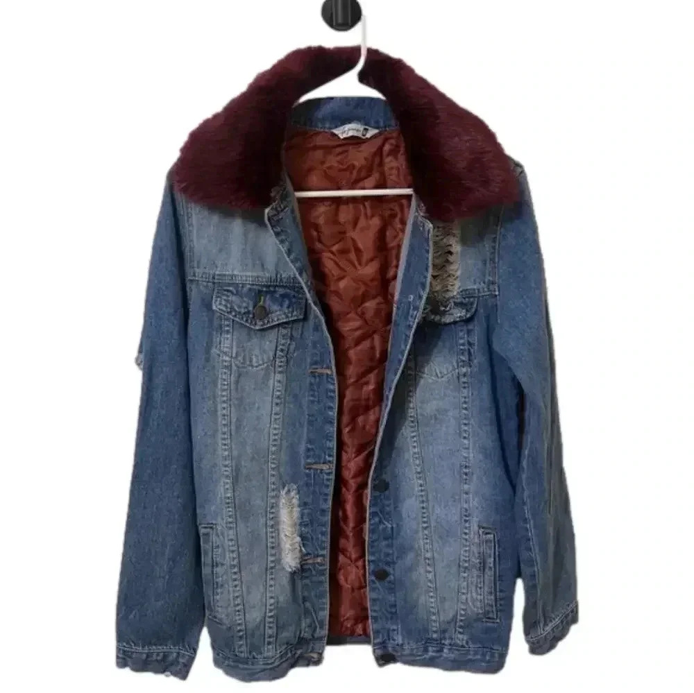 Denim Jacket with Faux Fur Collar - Picture 1 of 8